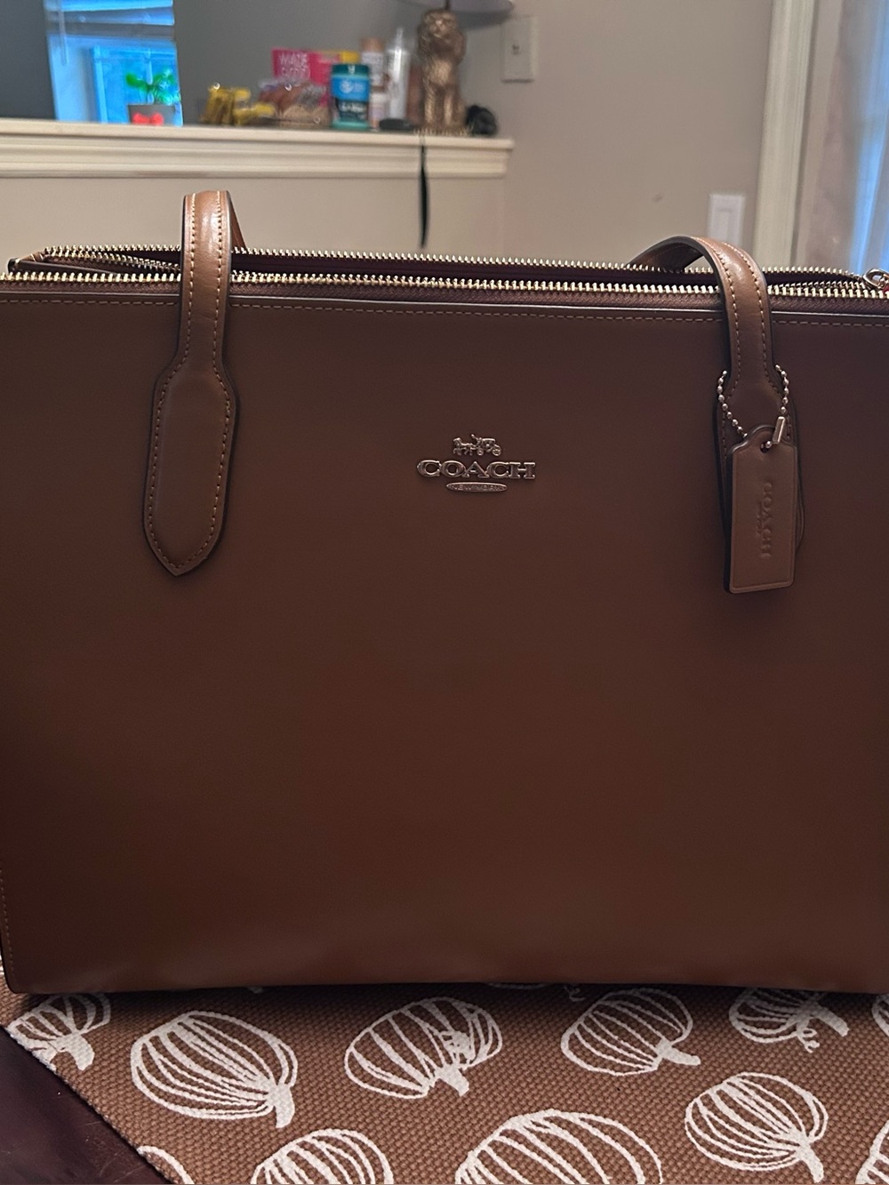 Coach Brown Leather Brief Tote with Top Zip